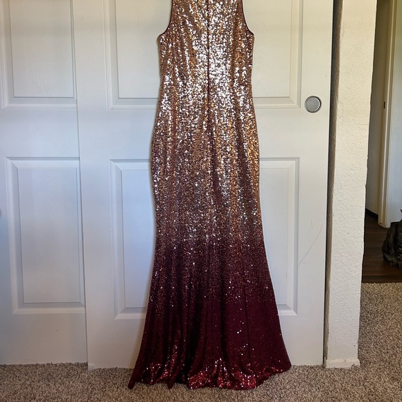 Gold and Maroon sequin floor length trumpet cut mermaid gown - Picture 2 of 4